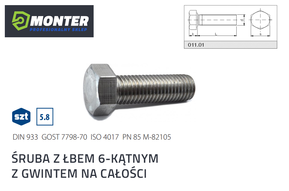 ŚRUBA M6x30 6K kl.8.8 din933 oc 100szt